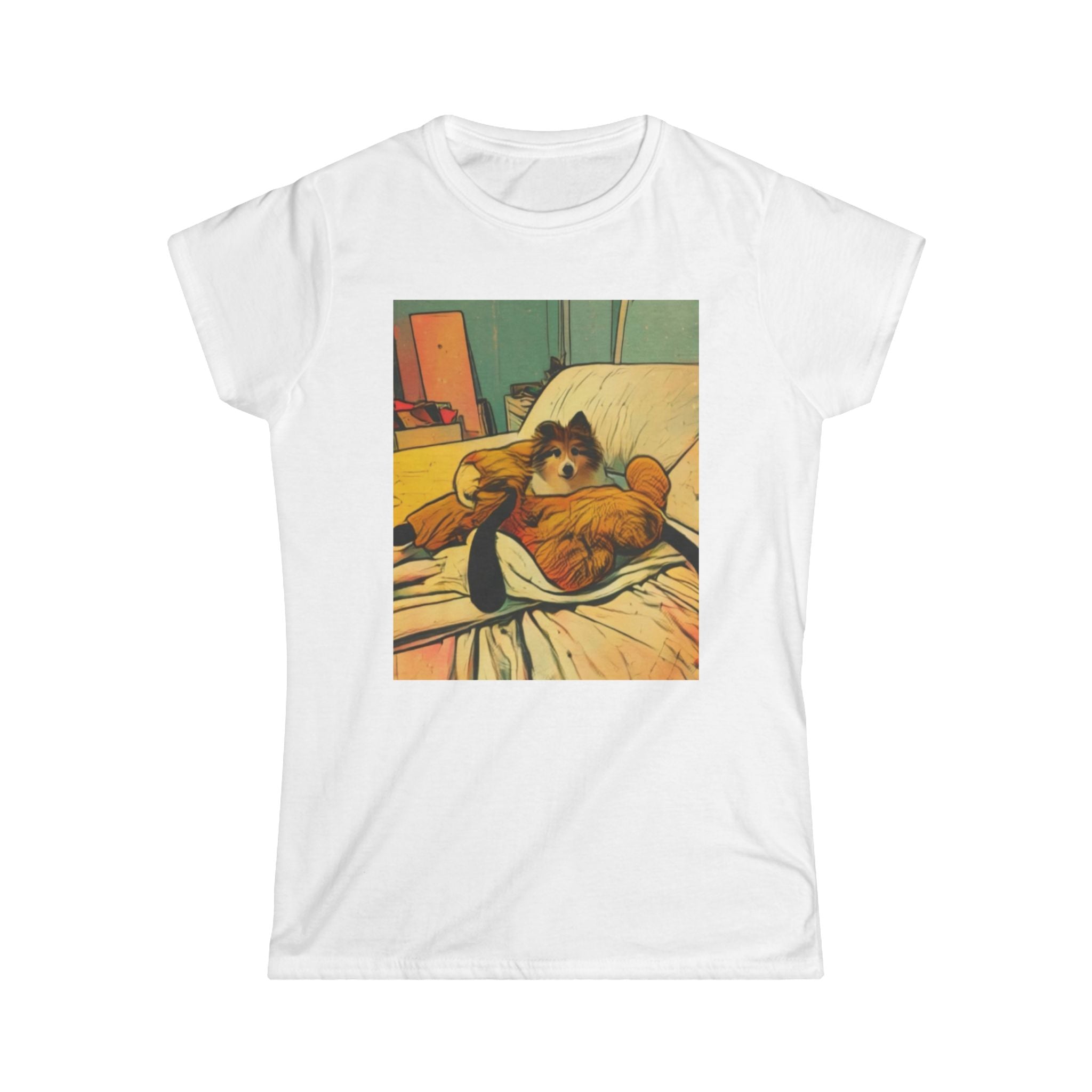 White t-shirt with a graphic of a dog and teddy bear on a couch.